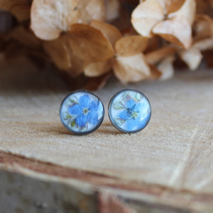 Srebrne kolczyki wkręty sztyfty żywica z żywicy kwiaty z kwiatami suszone prawdziwe kwiaty retro vintage kobiece na prezent delikatne niebieskie niezapominajki niezapominajkami