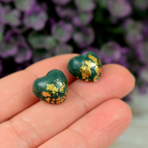 Kolczyki serca - butelkowa zieleń i złoto