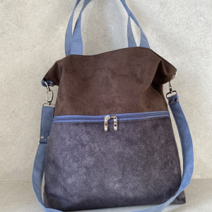 Duża torba z kieszenią na zamek - c.brąz, szaroniebieski