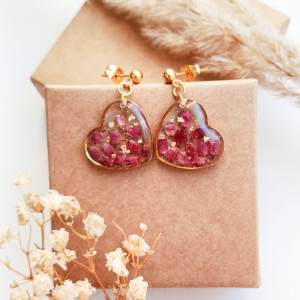 Kolczyki z żywicy serca z wrzosem złote