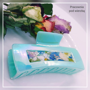 Spinka do włosów duża klamra holograficzna zielona prawdziwe kwiaty