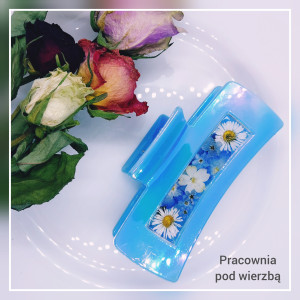 Spinka do włosów duża klamra holograficzna niebieska prawdziwe kwiaty