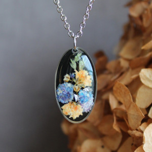 Gwiaździsta Noc srebrna zawieszka srebrny wisiorek naszyjnik żywica z żywicy kwiaty z kwiatami jajowata retro naturalna dziewczęca kobieca czarna