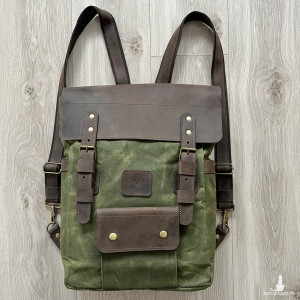 Plecak ze skóry i bawełny woskowanej zielono-brązowy. Vintage.