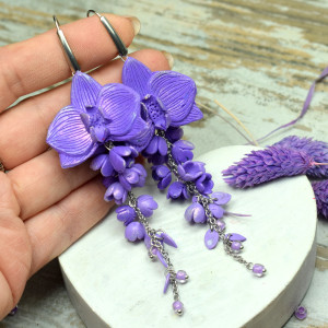 Długie, lawendowe kolczyki kwiaty - orchidee