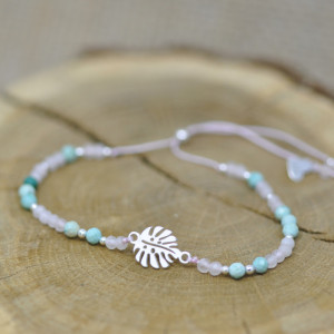 Liść Monstera - bransoletka z kamieni naturalnych, srebro 925