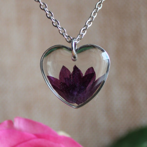 Srebrna zawieszka srebrny wisiorek kwiat naszyjnik żywica z żywicy suszone kwiaty z kwiatami naturalne kobieca serce serduszko chabr fioletowa