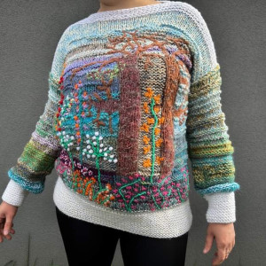 Sweter artystyczny pejzaż las, łąka