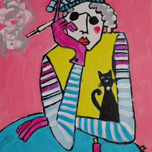 obraz portret kobiety babci z  kotkiem