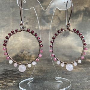 Kolczyki miedziane - TURMALIN GRANAT KWARC RÓŻOWY