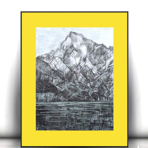 góry rysunek 30x40, żółto czarny obraz do domu, skandynawski rysunek do sypialni, minimalizm grafika na ścianę, góry pejzaż ręcznie malowany, nowoczesny rysunek A3, szkic do gabinetu, scandi