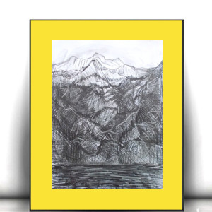 nowoczesny rysunek 30x40, żółto czarna grafika do domu, rysunek z górami, górski pejzaż malowany ręcznie, skandynawski obraz, minimalizm rysunek A3, góry obraz do sypialni, szkic do salonu