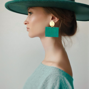 Kolczyki RAW, duże zielone złote skóra naturalna wąż