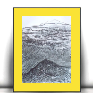 nowoczesny obraz 30x40, żółto czarny rysunek z górami, malowany ręcznie pejzaż górski, skandynawska grafika na ścianę, minimalizm obrazek  A3, góry szkic do sypialni, czarno biały rysunek