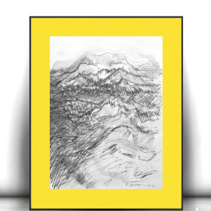 góry rysunek 30x40, żółto czarny obraz z górami, ręcznie wykonany pejzaż górski, skandynawska dekoracja do domu, minimalizm grafika  A3, czarno biały szkic do salonu, obraz do sypialni