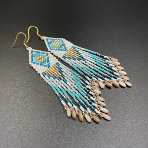 KOLCZYKI INDIAŃSKIE PLECIONE kremowo-turkusowe #722