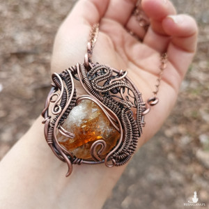 CYTRYN AMULET OBFITOŚCI,miedziany organiczny wisiorek z surowym cytrynem, miedziany amulet obfitości i dostatku, wisiorek wspierający