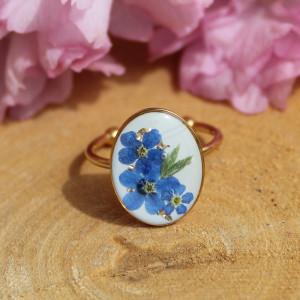 Łąka kwiatowa Złoty pierścionek z kwiatami suszone kwiaty żywica słodki kobiecy delikatny dziewczęcy jajowaty owalny niezapominajki
