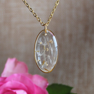 Złota zawieszka złoty wisiorek naszyjnik żywica z żywicy kwiaty z kwiatami jajowata retro naturalna dziewczęca kobieca dmuchawiec