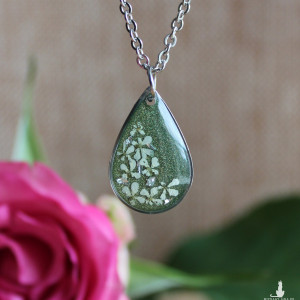 Srebrna łezka zawieszka srebrny wisiorek kwiat naszyjnik żywica z żywicy suszone kwiaty z kwiatami naturalne kobieca dziewczęca zielona brokatowa