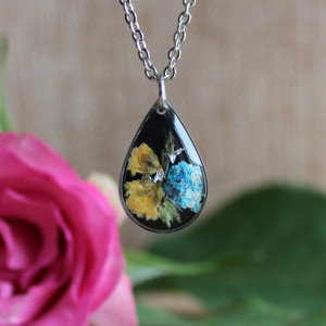 Gwiaździsta Noc srebrna zawieszka srebrny wisiorek naszyjnik żywica z żywicy kwiaty z kwiatami retro naturalna dziewczęca kobieca czarna łezka łza