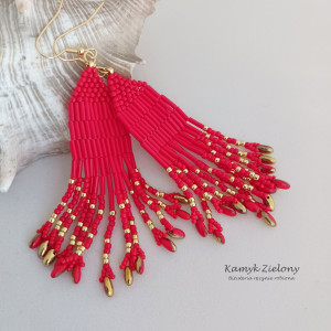 Długie koralikowe kolczyki - czerwono-złote