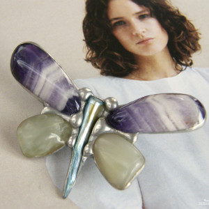 Broszka motyl z ametystem i jadeitem