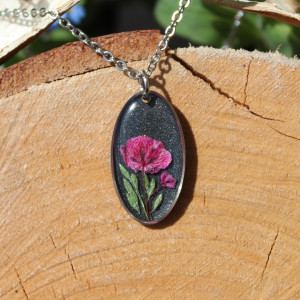 Truskawkowy bukiet srebrna zawieszka srebrny wisiorek naszyjnik żywica z żywicy kwiaty z kwiatami jajowata retro naturalna dziewczęca kobieca czarna