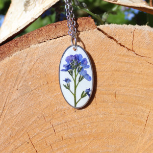 Srebrna zawieszka srebrny wisiorek naszyjnik żywica z żywicy kwiaty z kwiatami jajowata retro naturalna dziewczęca kobieca niezapominajki
