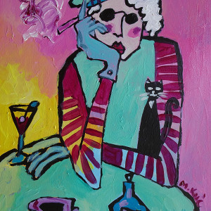 obraz olejny kolorowy dama z kotem i papierosem