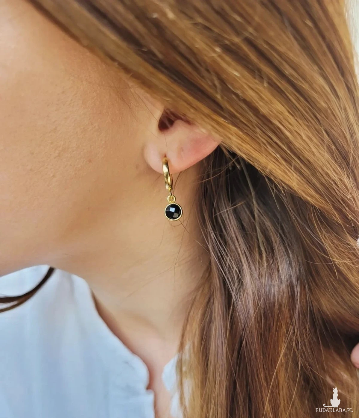 Kolczyki minimalistyczne srebrne pozłacane z czarnym onyksem