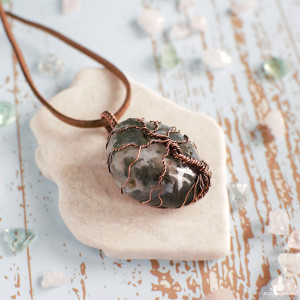 Wisior agat mszysty nieregularny drzewo życia drzewo kosmiczne Yggdrasil antyczna miedź