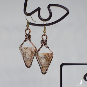 Kolczyki agat koronkowy asymetryczne eleganckie misterne antyczna miedź wyjątkowe