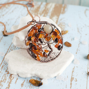 Wisior drzewo bursztyn kamień słoneczny drzewo życia drzewo kosmiczne Yggdrasil antyczna miedź przepiękny wyjątkowy