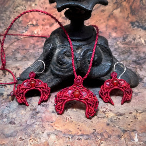 LUNULA Rubin Agat Granat słowiański księżyc komplet czerwony makrama Ag 925 Delfina Dolls