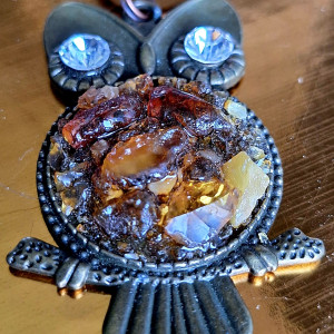 Sowa Mosiężna Wypukła Bursztyn Cyrkonie Naszyjnik Rękodzieło G'Ξ'S 🧿