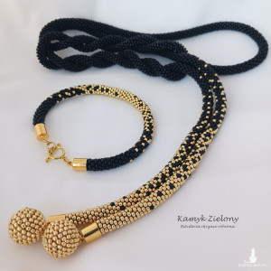 Komplet lariat i bransoletka, czarno-złoty
