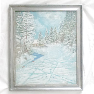 vintage obraz z zimą, zimowy pejzaż malowany ręcznie, retro obraz ręcznie malowany, obraz z zimowym krajobrazem, stary obraz na ścianę, zimowy obraz do domu, obraz do sypialni, obraz  42x48,5