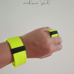 Komplet biżuterii neonowa żółta bransoletka i pierścionek skóra naturalna