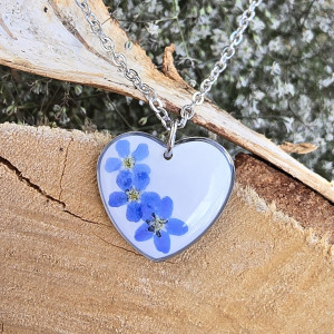 Serce serduszko Srebrna zawieszka srebrny wisiorek naszyjnik żywica z żywicy kwiaty z kwiatami retro naturalna dziewczęca kobieca niezapominajki