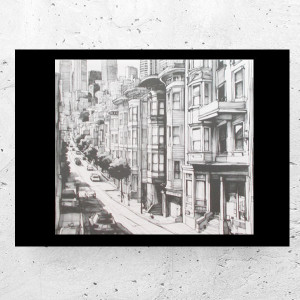 miasto plakat A4, czarno biały plakat z miastem, uliczka plakat 21x30, biało czarny plakat z uliczką, nowoczesne plakaty do loftu, małe plakaty do domu, ładne plakaty do biura, budynki plakat