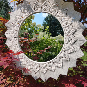 Duże makramowe lustro z mandalą w stylu Boho - kolor naturalny