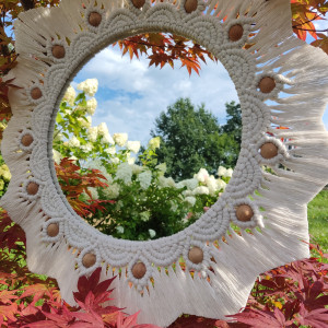 Duże makramowe lustro z mandalą w stylu Boho - kolor naturalny