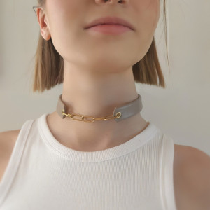 CHOKER skóra naturalna beżow-szary naszyjnik łańcuch Glamrock