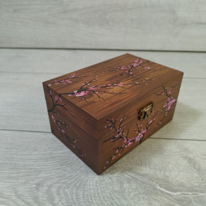 Ręcznie malowane drewniane pudełko z kwiatami sakury, wiosennymi kwiatami, pudełko na biżuterię, pudełko na drobiazgi, pudełko do przechowywania