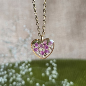 Złota zawieszka złoty wisiorek kwiat naszyjnik żywica z żywicy kwiaty serce serduszko różowe wrzos z wrzosem