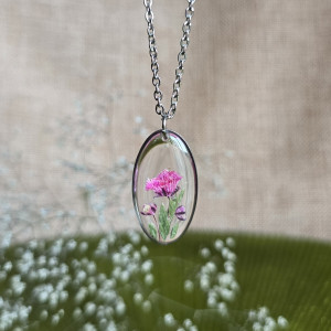 Srebrna zawieszka srebrny wisiorek naszyjnik żywica z żywicy kwiaty z kwiatami jajowata retro naturalna dziewczęca kobieca różowa gipsówka