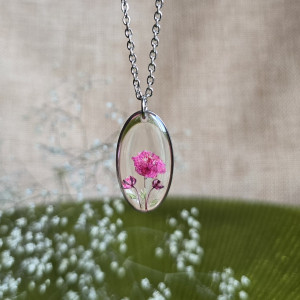 Srebrna zawieszka srebrny wisiorek naszyjnik żywica z żywicy kwiaty z kwiatami jajowata retro naturalna dziewczęca kobieca różowa gipsówka