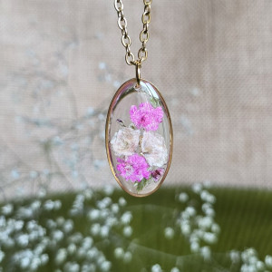 Złota zawieszka złoty wisiorek naszyjnik żywica z żywicy kwiaty z kwiatami jajowata retro naturalna dziewczęca kobieca różowa
