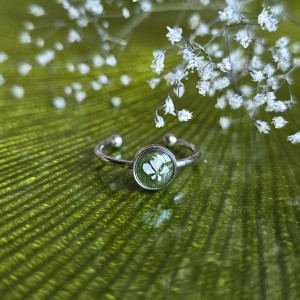 Srebrny pierścionek dzika marchew zielony brokat prawdziwy kwiat